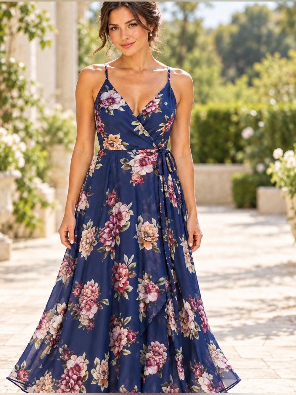 Lulus Always There For Me Navy Floral Wrap Maxi Dress M NWT